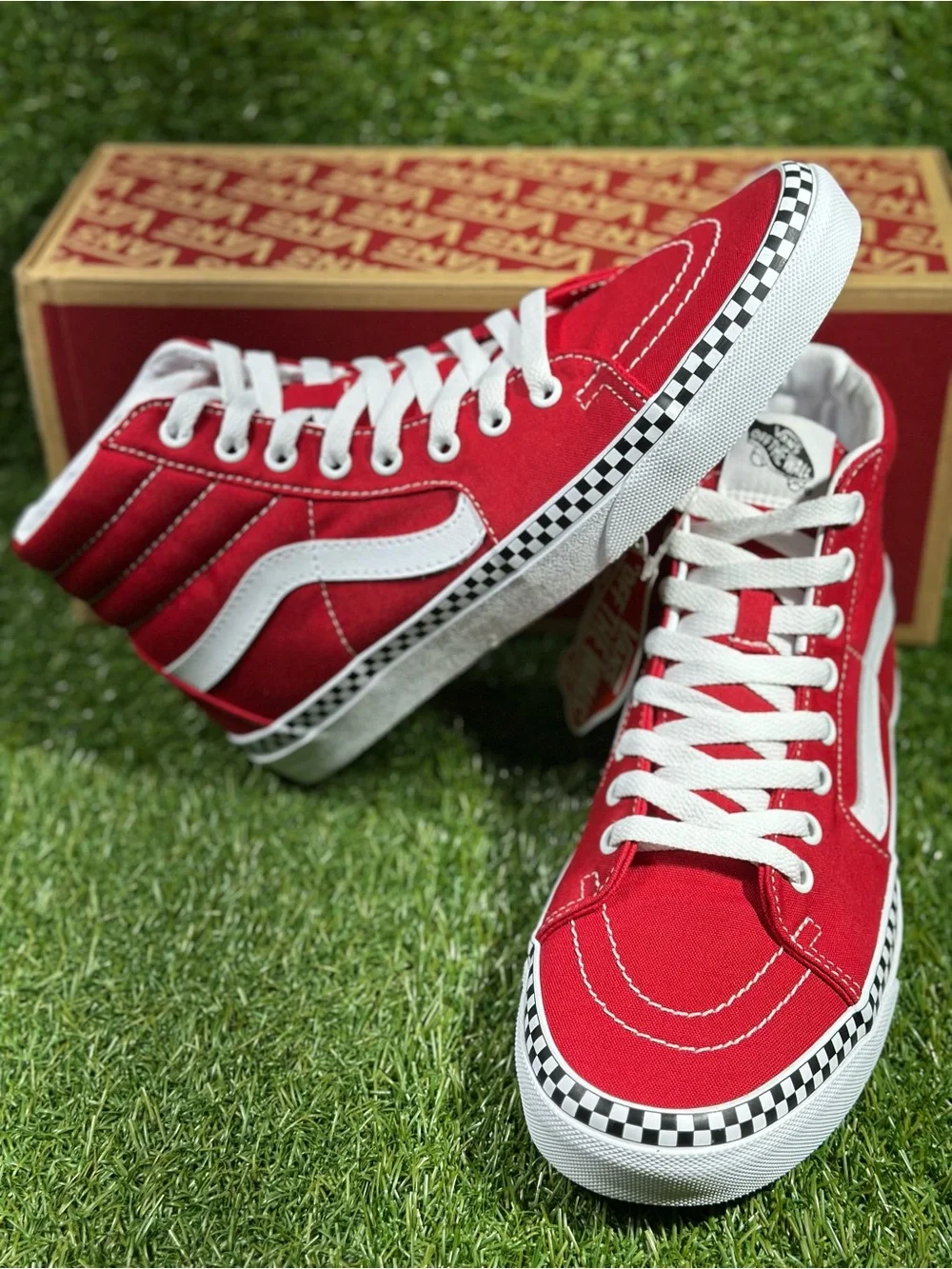 Vans SK8-HI  Check Foxing, Red/White with Checkerboard Trim, Men’s 8,VN0A38GEVS5